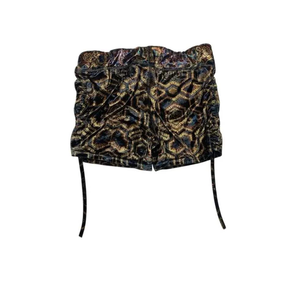 Mi Kulture size large festival High-Waist Metallic Geo Print Shorts Black Gold r
